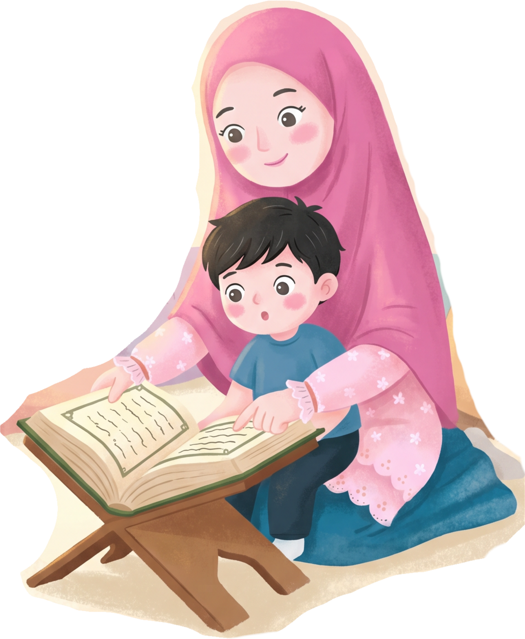 Ilustrasi ibu muslimah membimbing anak membaca Al-Quran